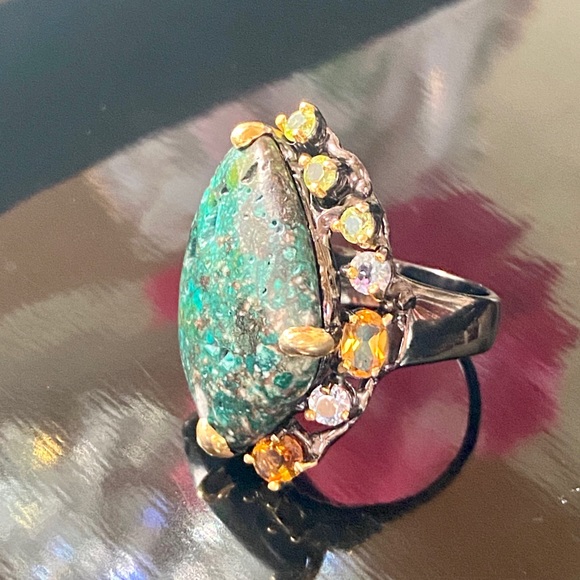 Mysterious Genuine Turquoise Ring with Gemstones - Picture 3 of 17